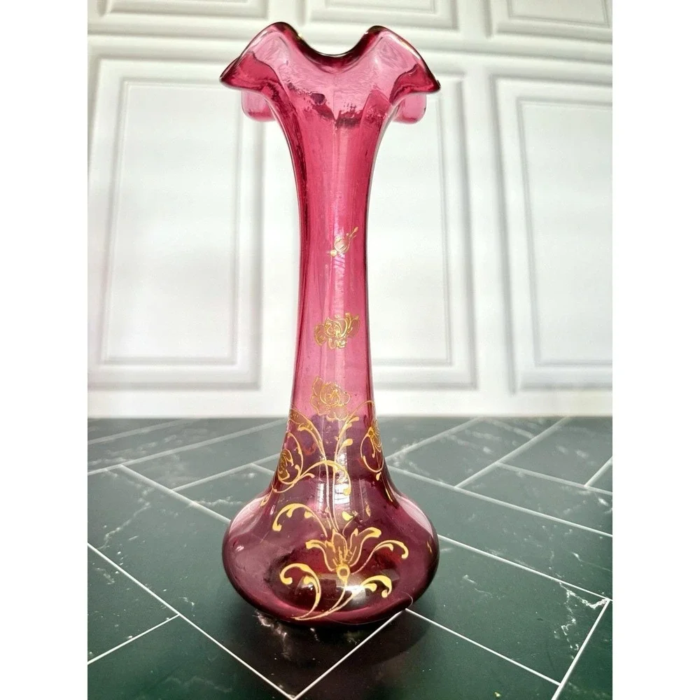 Antique Moser Style Cranberry Glass Vase Bohemian Gold Gilt Floral Ruffled Rim